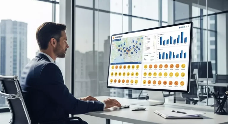 Menedżer analizujący na monitorze wyniki badań opinii z różnych oddziałów firmy