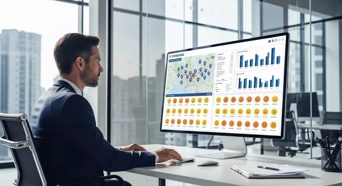 Menedżer analizujący na monitorze wyniki badań opinii z różnych oddziałów firmy