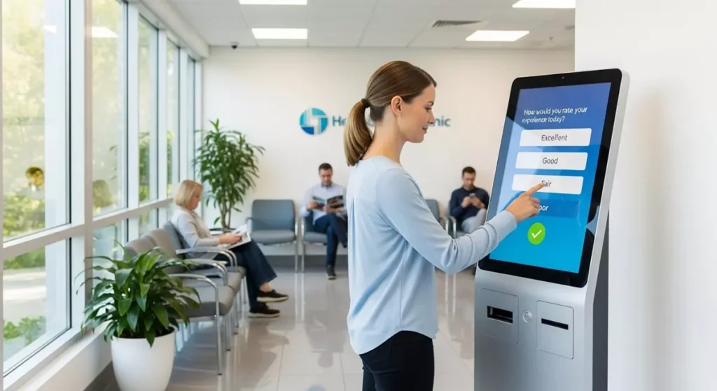 Pacjent wypełniający wielostronicową ankietę na wolnostojącym kiosku w poczekalni