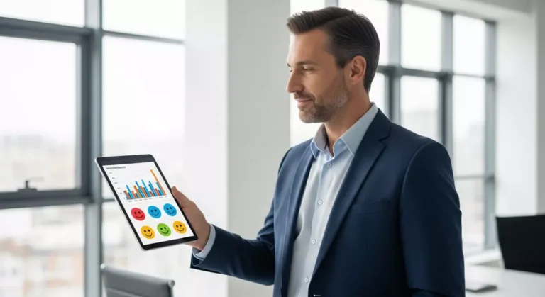 Menedżer analizujący raporty z wynikami pracy zespołu na tablecie