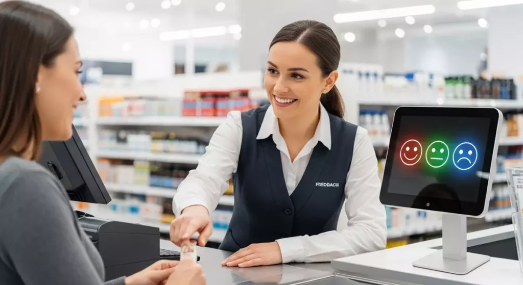 Uśmiechnięty pracownik obsługujący klienta przy stanowisku z terminalem do opinii