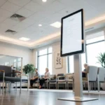 Wolnostojący kiosk ankietowy do badania satysfakcji pacjentów w jasnej poczekalni medycznej