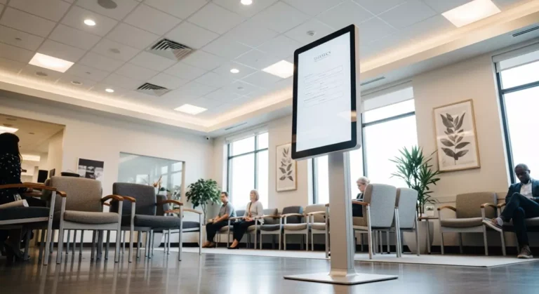 Wolnostojący kiosk ankietowy do badania satysfakcji pacjentów w jasnej poczekalni medycznej