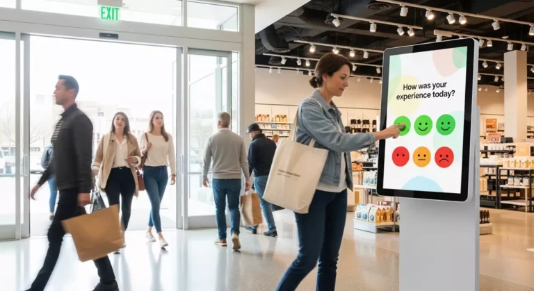 Prawidłowo umiejscowiony wolnostojący kiosk ankietowy przy wyjściu ze sklepu