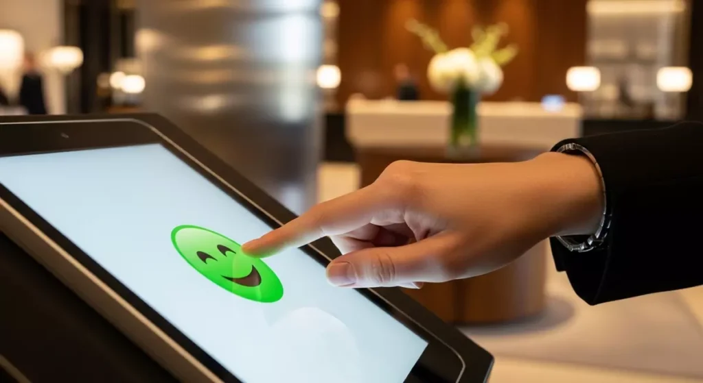 Gość hotelowy wystawiający pozytywną ocenę na tablecie podczas wymeldowania