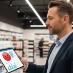 Menedżer analizujący negatywną opinię na tablecie w sklepie