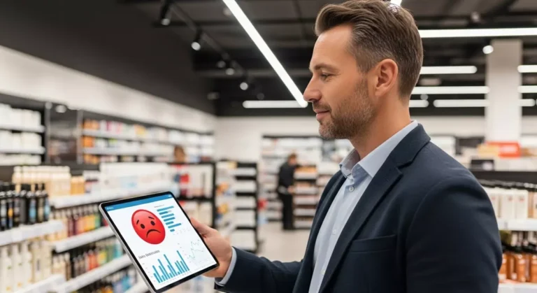 Menedżer analizujący negatywną opinię na tablecie w sklepie