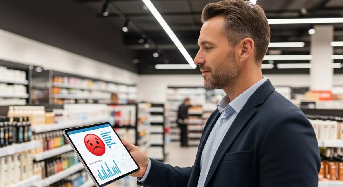 Menedżer analizujący negatywną opinię na tablecie w sklepie