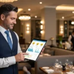 Menedżer restauracji analizujący opinie gości na tablecie