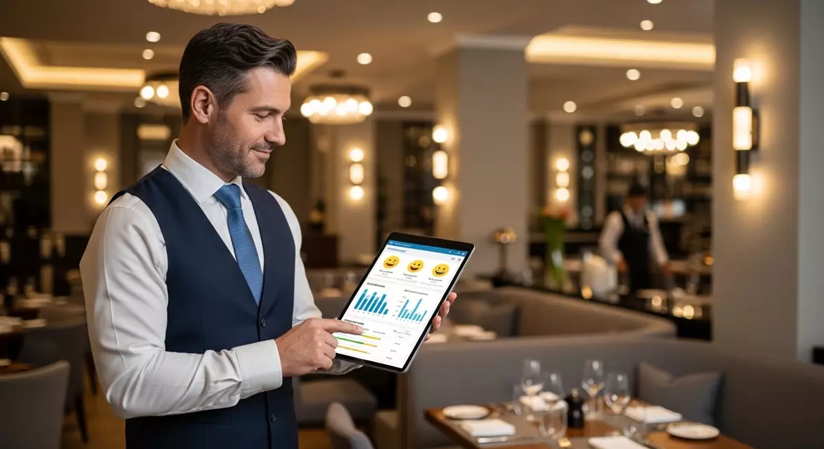 Menedżer restauracji analizujący opinie gości na tablecie