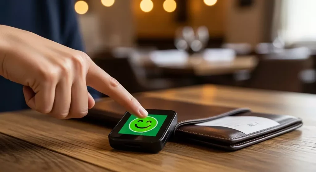 Gość restauracji oceniający obsługę na małym panelu dotykowym