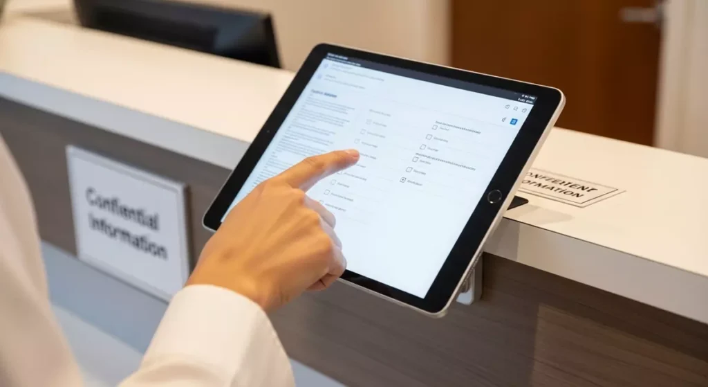 Dłoń pacjenta wypełniająca cyfrową ankietę na tablecie przy recepcji medycznej