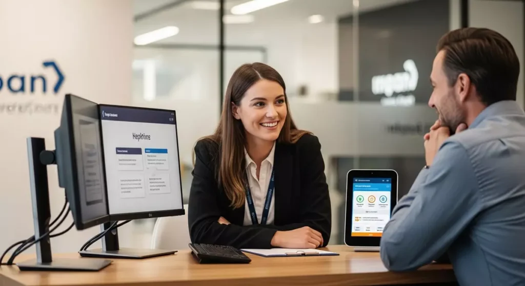 Uśmiechnięty pracownik obsługi rozwiązujący problem klienta