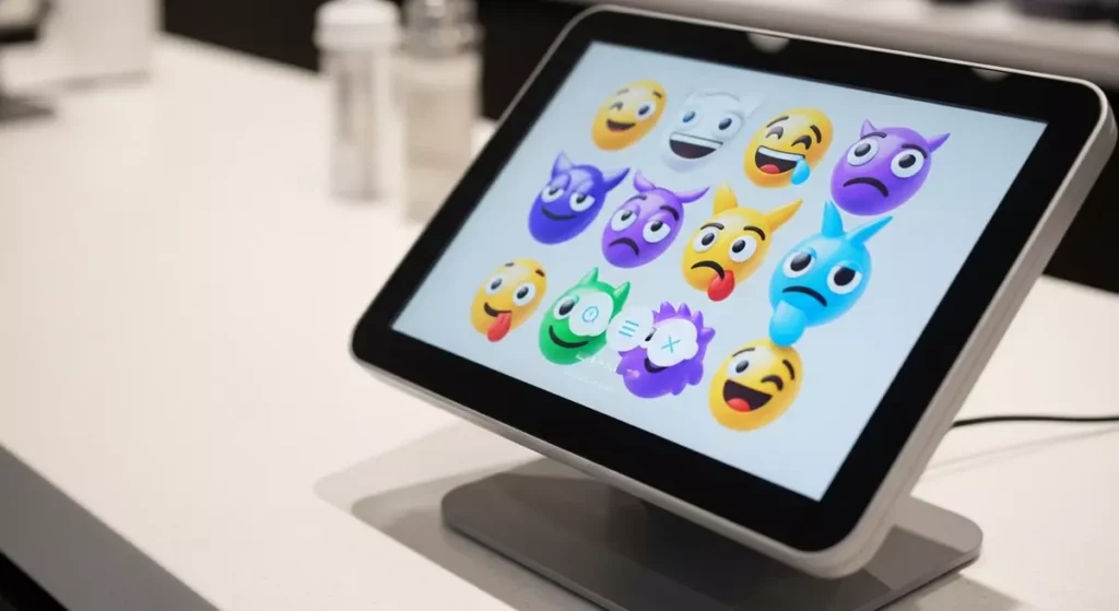 Ekran dotykowy wyświetlający niestandardowe emotikony i tło dopasowane do marki