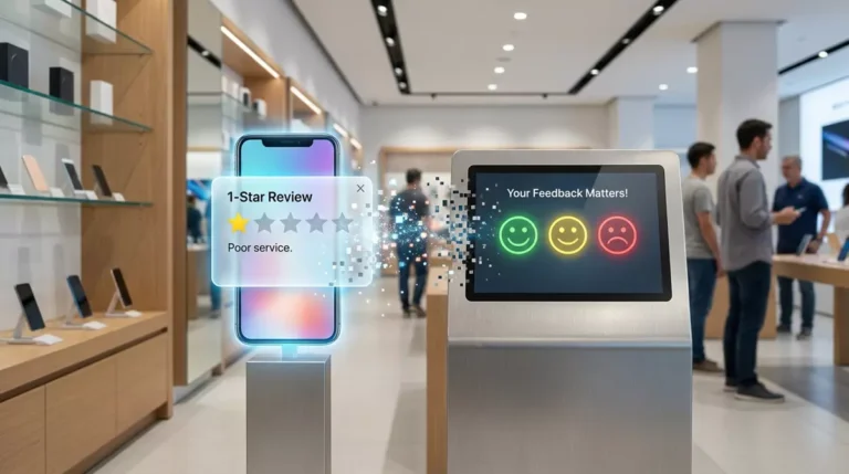 Smartfon z negatywną opinią obok fizycznego terminala do oceny obsługi w sklepie